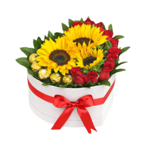 Caja Corazón Girasoles, Rosas y Chocolates
