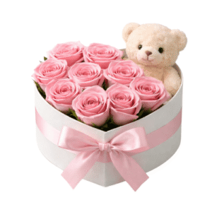 Caja Corazón Rosas Rosadas con Peluche