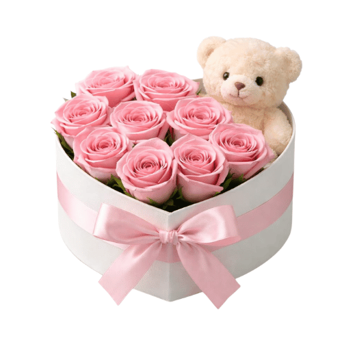 Caja Corazón Rosas Rosadas con Peluche