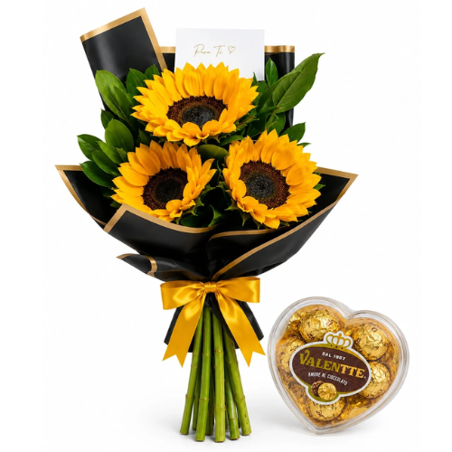 RAMO DE 3 GIRASOLES Y CHOCOLATES VALENTTE
