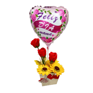 Arreglo Floral con Rosas, Girasoles y Globo “Feliz Día Mamá”