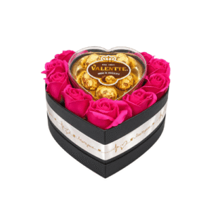 Box Corazón con Rosas Fucsias y Chocolates