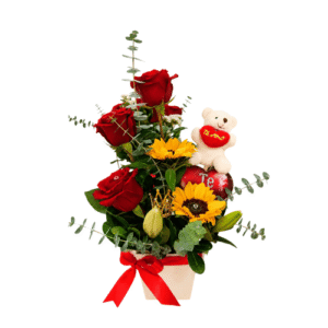 Arreglo Floral con Rosas Rojas, Girasoles y Peluche