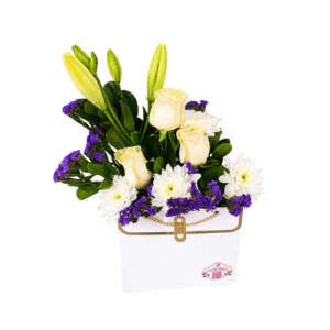 Cartera Floral con Rosas Blancas, Lirios y Crisantemos