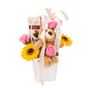 Cartera Floral con Rosas Rosadas, Girasoles, Peluche y Chocolates