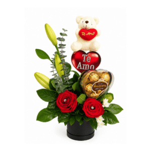 Arreglo Floral con Rosas Rojas, Lirios, Peluche y Chocolates