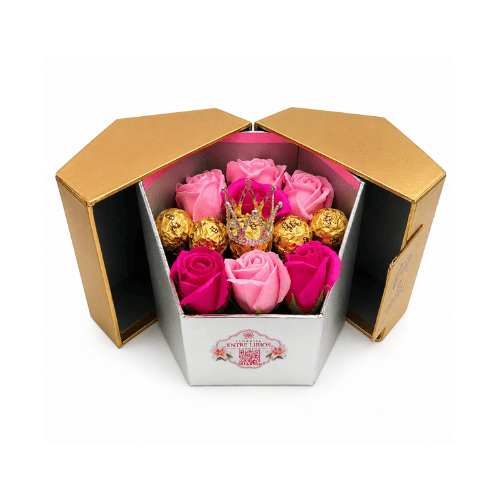 Box con Rosas Rosadas, Chocolates y Corona