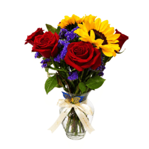 Arreglo Floral con Rosas Rojas y Girasoles en Florero