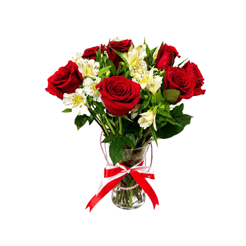 Arreglo Floral con Rosas Rojas y Astromelias Blancas en Florero