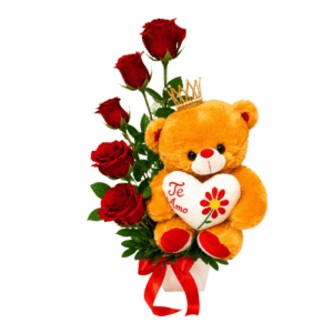 Arreglo Floral con Rosas Rojas, Peluche y Corona