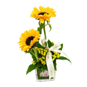 Cubo de vidrio con girasol