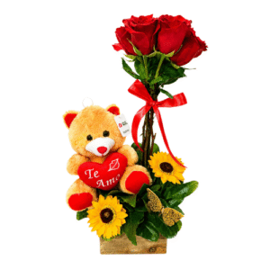 Arreglo Floral con Rosas Rojas, Girasoles y Peluche