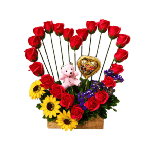 Arreglo Floral con Rosas Rojas, Girasoles, Peluche y Chocolates