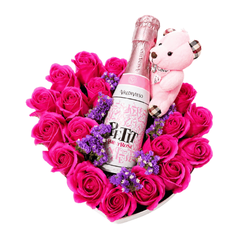 Box Corazón con Rosas Fucsias, Espumante y Peluche