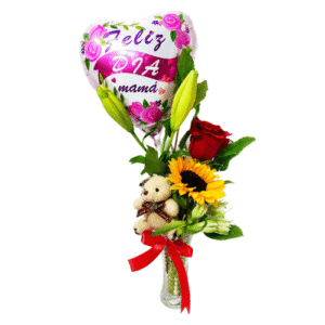 Arreglo Floral para Mamá con Rosa, Girasol, Lirios, Peluche y Globo