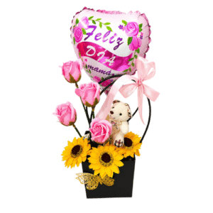 Box Floral para Mamá con Rosas Rosadas, Girasoles, Peluche y Globo