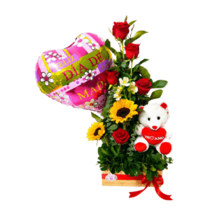 Arreglo Floral Día de la Madre con Rosas Rojas, Girasoles, Peluche y Globo