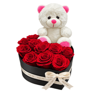 Box de corazón con rosas y peluche