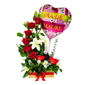 Arreglo Floral Día de la Madre con Rosas Rojas, Lirios, Globo y Espumante
