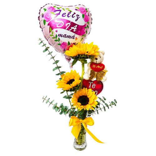 Arreglo Floral para Mamá con Girasoles, Peluche y Globo
