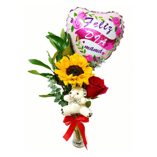 Arreglo Floral para Mamá con Girasol, Rosa Roja, Peluche y Globo