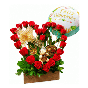 Arreglo de Cumpleaños con Rosas Rojas, Peluche, Chocolates y Globo