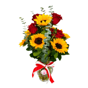 Arreglo Floral con Rosas Rojas y Girasoles en Florero