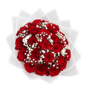 Ramo de rosas rojas con velo de novia
